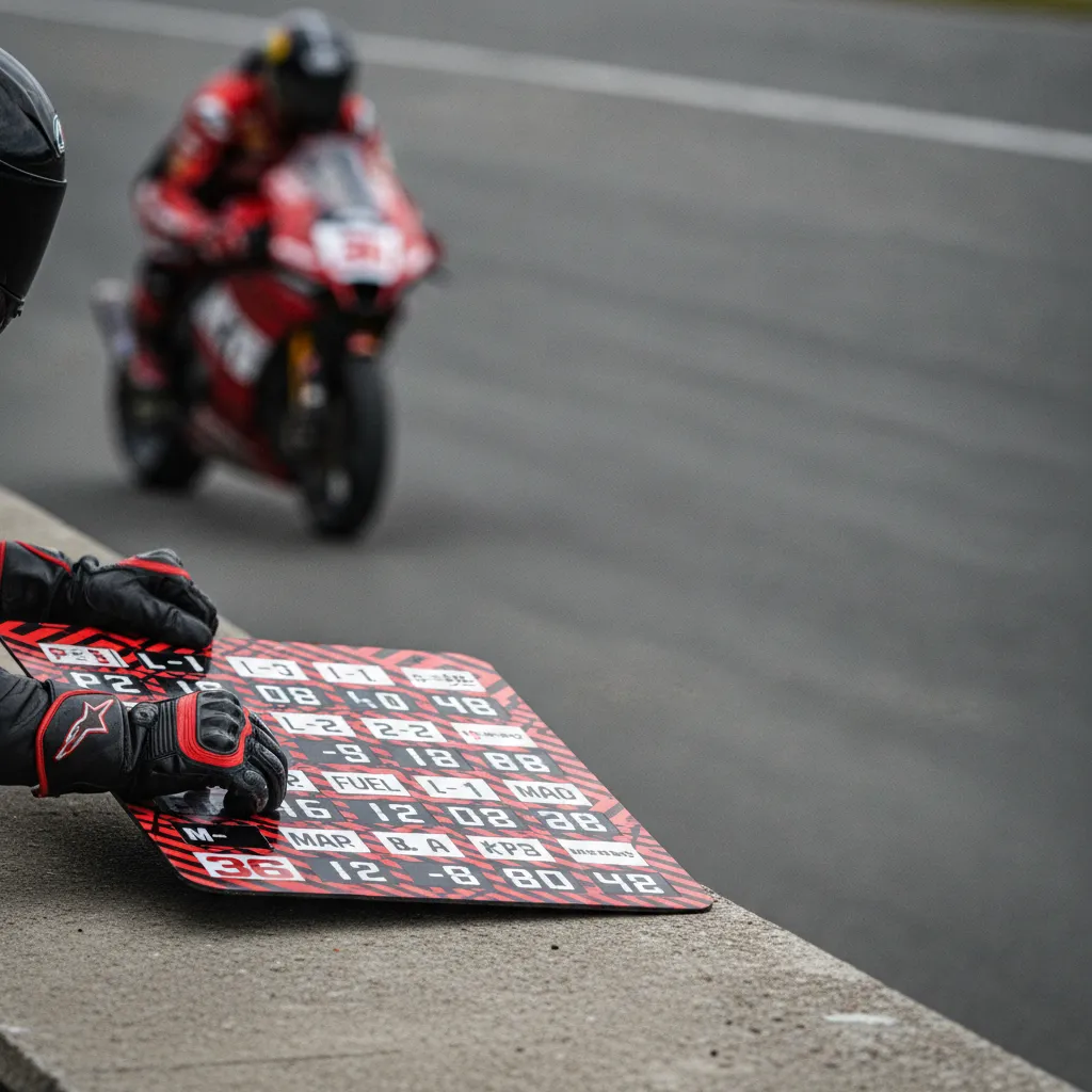 A Honda HRC pit board displaying race information for a rider during a session.