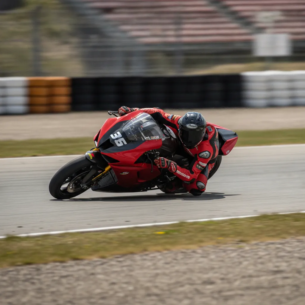 A MotoGP rider demonstrates the extreme physical effort required by leaning their bike at a sharp angle through a corner.
