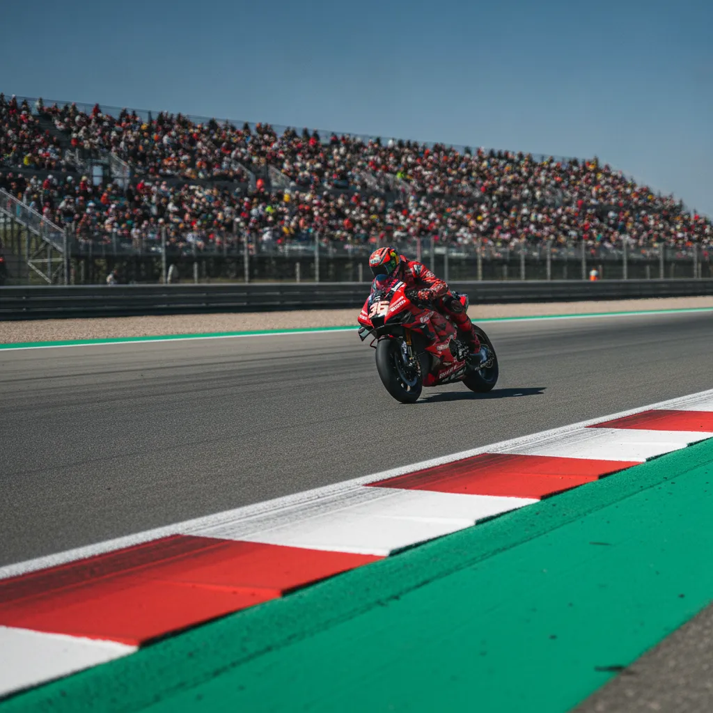 A view of the colourful kerbing and packed grandstands at the Misano circuit during the San Marino Grand Prix.