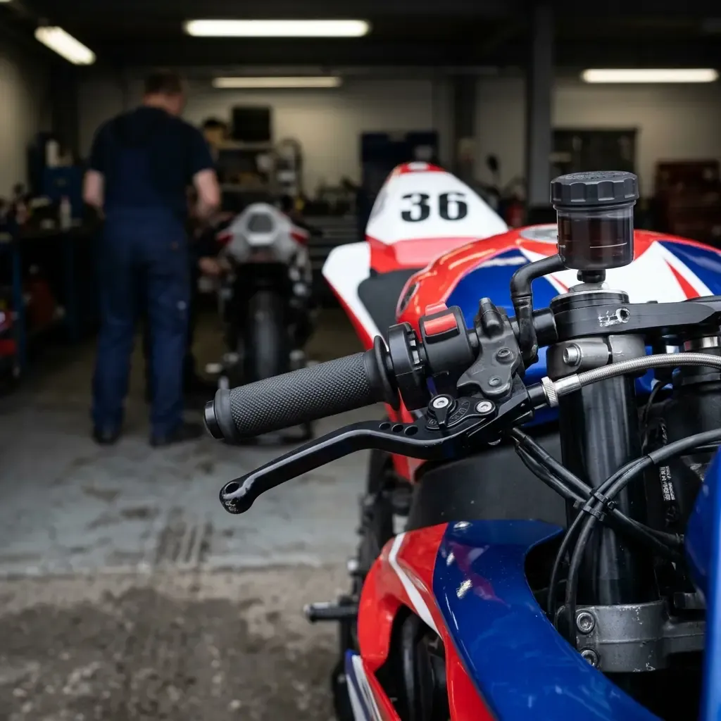 Illustration for our Australian GP news story: motorcycle handlebars and brake lever in a workshop.