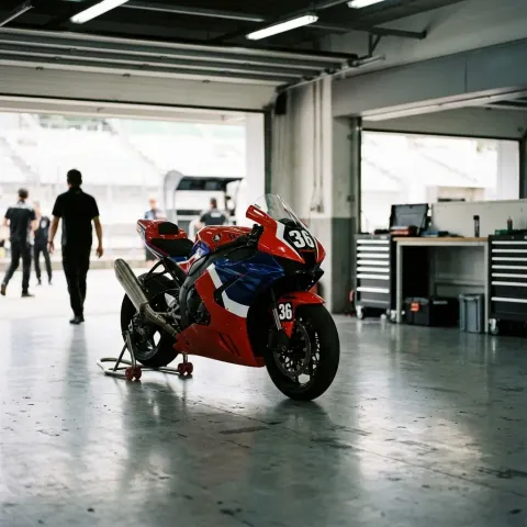 Illustration for our Australian GP news story: a single motorcycle sits alone in a pit garage.