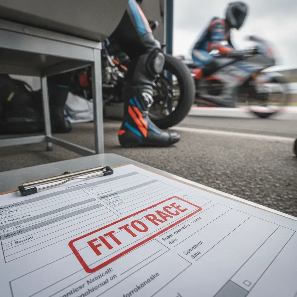 A medical form in a circuit's medical centre confirms a rider is fit to race.