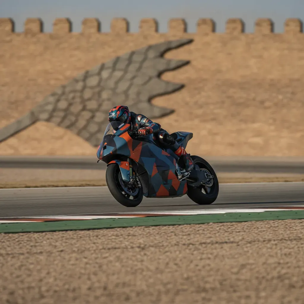A MotoGP rider guides his bike through a corner during a practice session at the Aragon circuit.