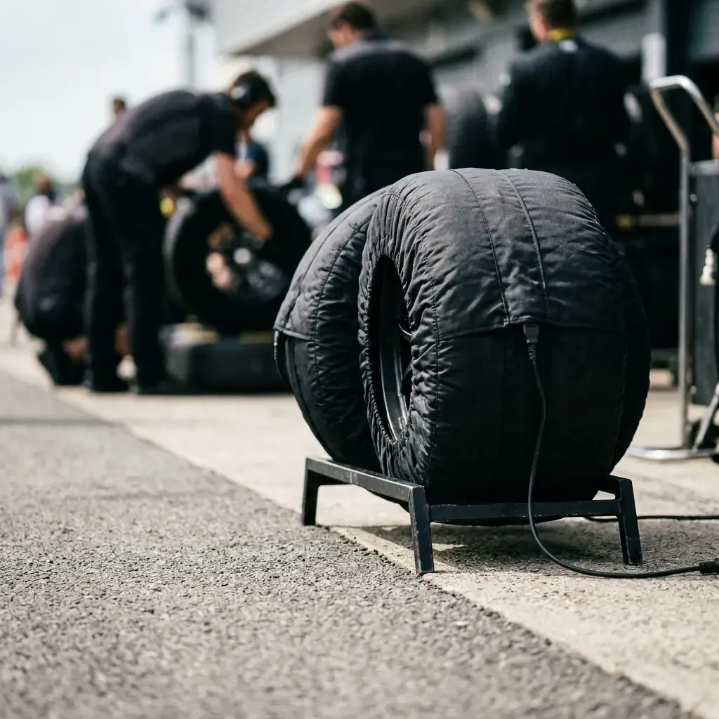 Illustration for our Indonesian Grand Prix story: racing tyres wrapped in tyre warmers in the pit lane.