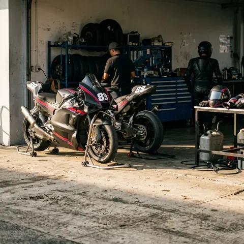 Illustration for our Indonesian Grand Prix story: two Grand Prix bikes parked side by side in a pit garage.