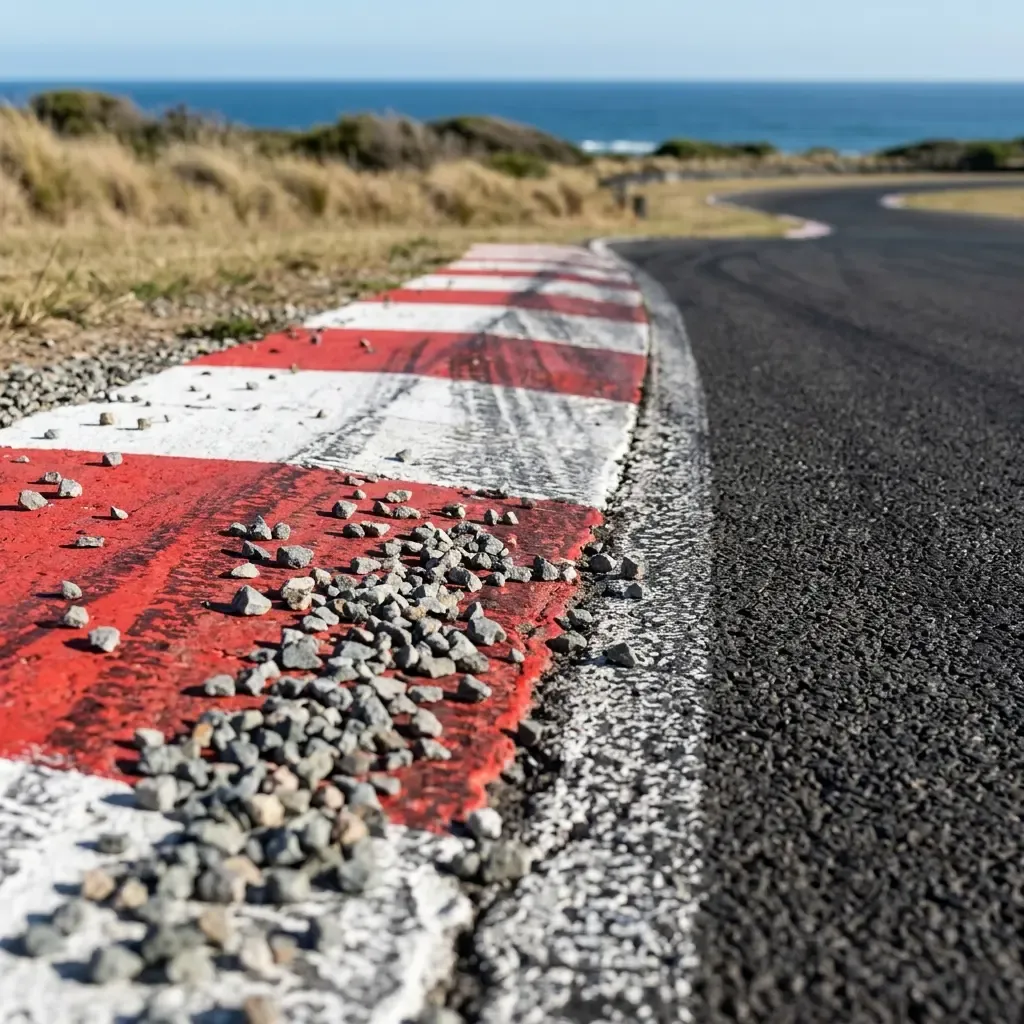 Illustration for our Australian GP news story: gravel scattered over circuit kerbing beside the track.