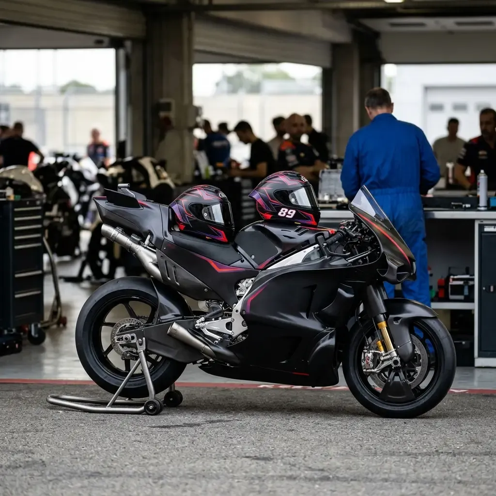 Illustration for our Australian GP news story: a helmet resting on an unattended racing bike in the garage.