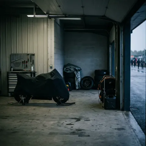Illustration for our Australian GP news story: a covered racing motorcycle standing parked in a quiet pit garage.