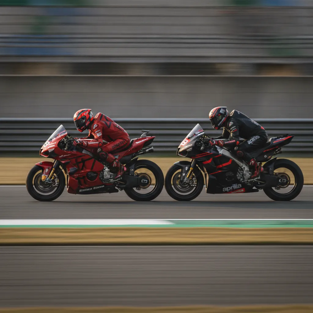 Two rival MotoGP bikes battling for position during a race, representing the tight championship fight.