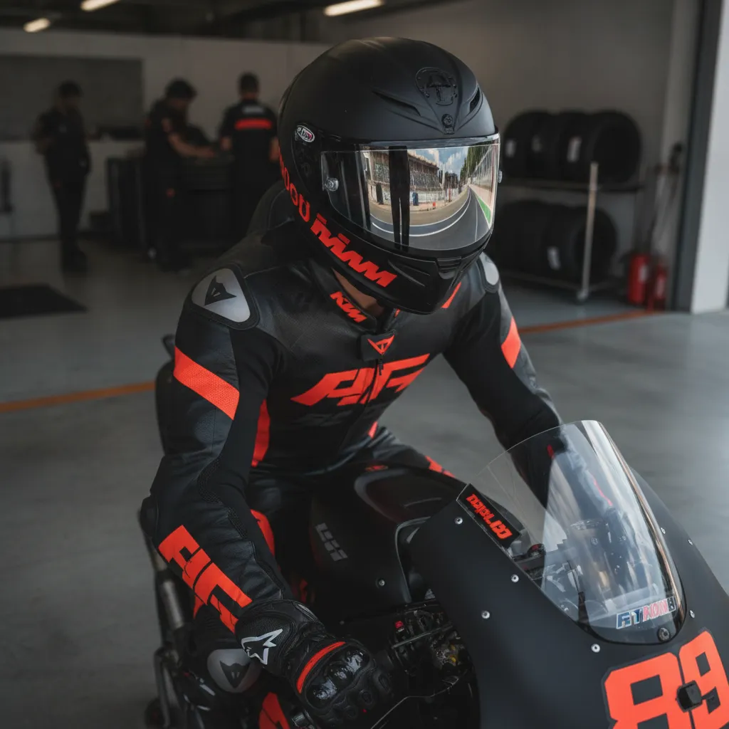 A young KTM rider, representing Pedro Acosta, prepares for a session in the pit garage.