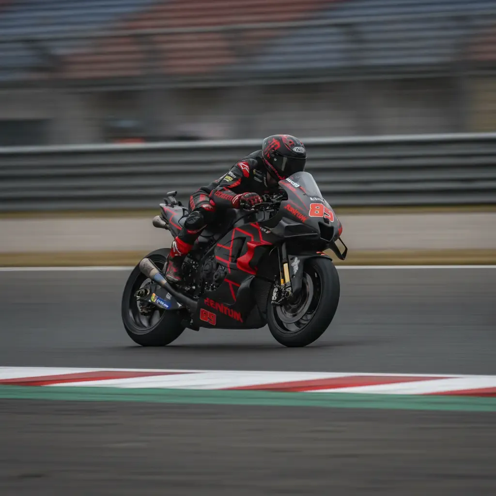 A MotoGP rider at full lean during a fast qualifying lap at the Mobility Resort Motegi circuit.