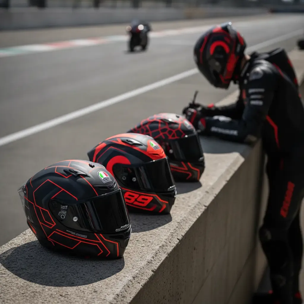 Three colourful racing helmets sit on a pit wall, representing the top three qualifiers for the Grand Prix.