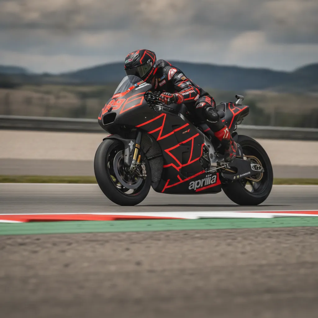 A rider on an Aprilia MotoGP bike leans at a sharp angle through a corner during the Austrian Grand Prix.