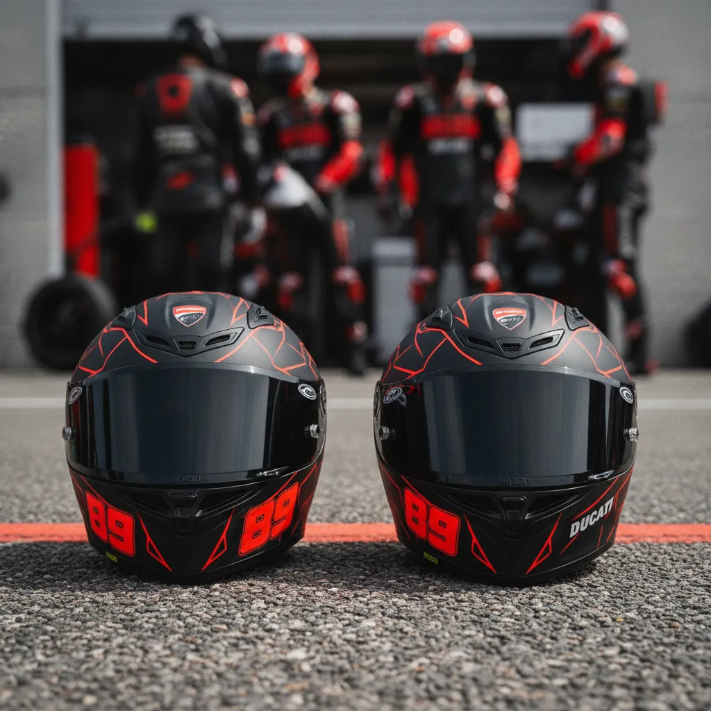 The helmets of an Aprilia rider and a Ducati rider sit next to each other, symbolising their close championship battle.