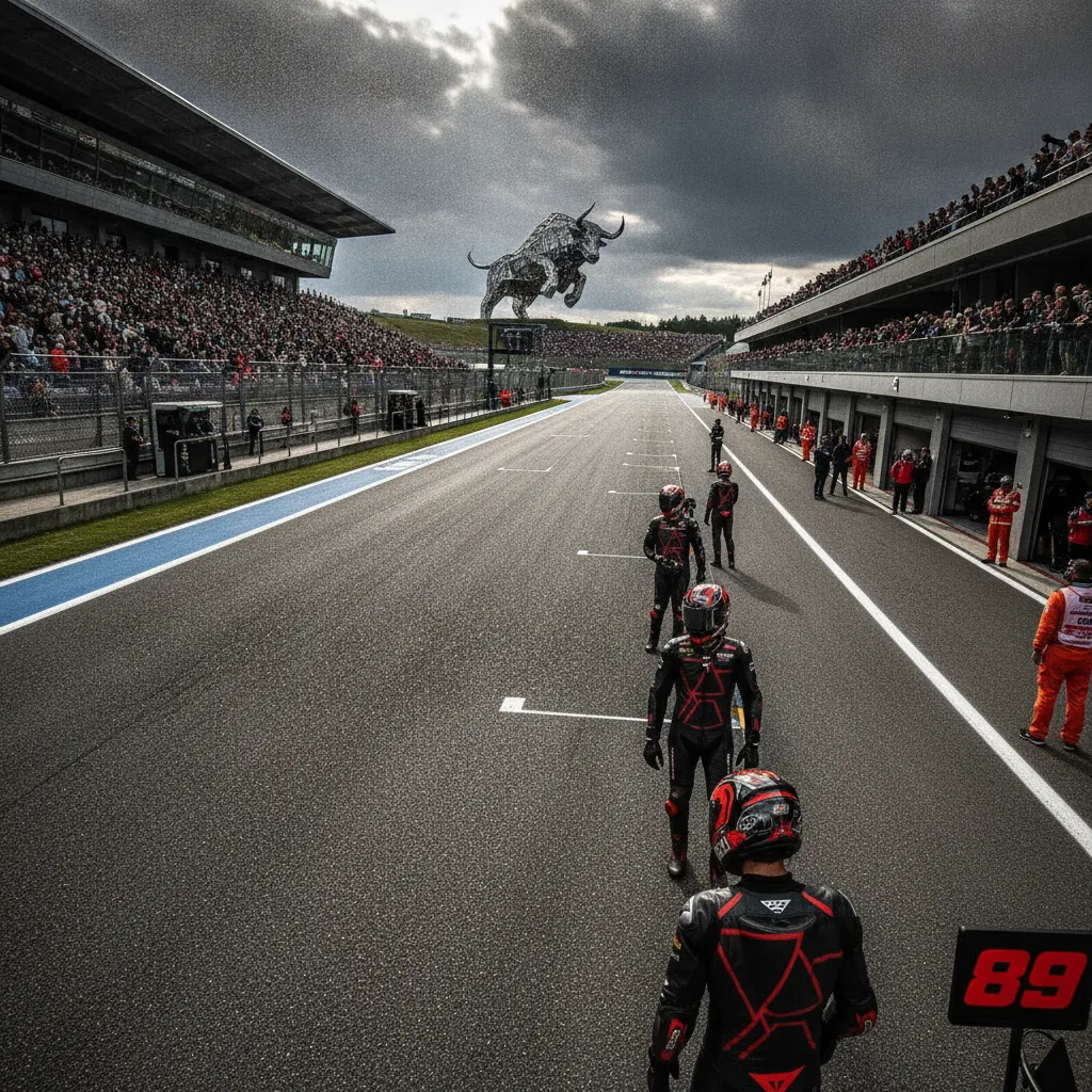 A wide view of the Red Bull Ring circuit in Austria, with packed grandstands and the famous Bull sculpture, ready for a MotoGP race.
