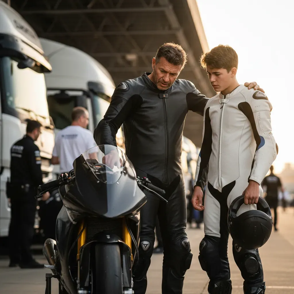 A quiet moment in the bustling paddock. An experienced rider in plain black leathers stands beside his younger teammate.