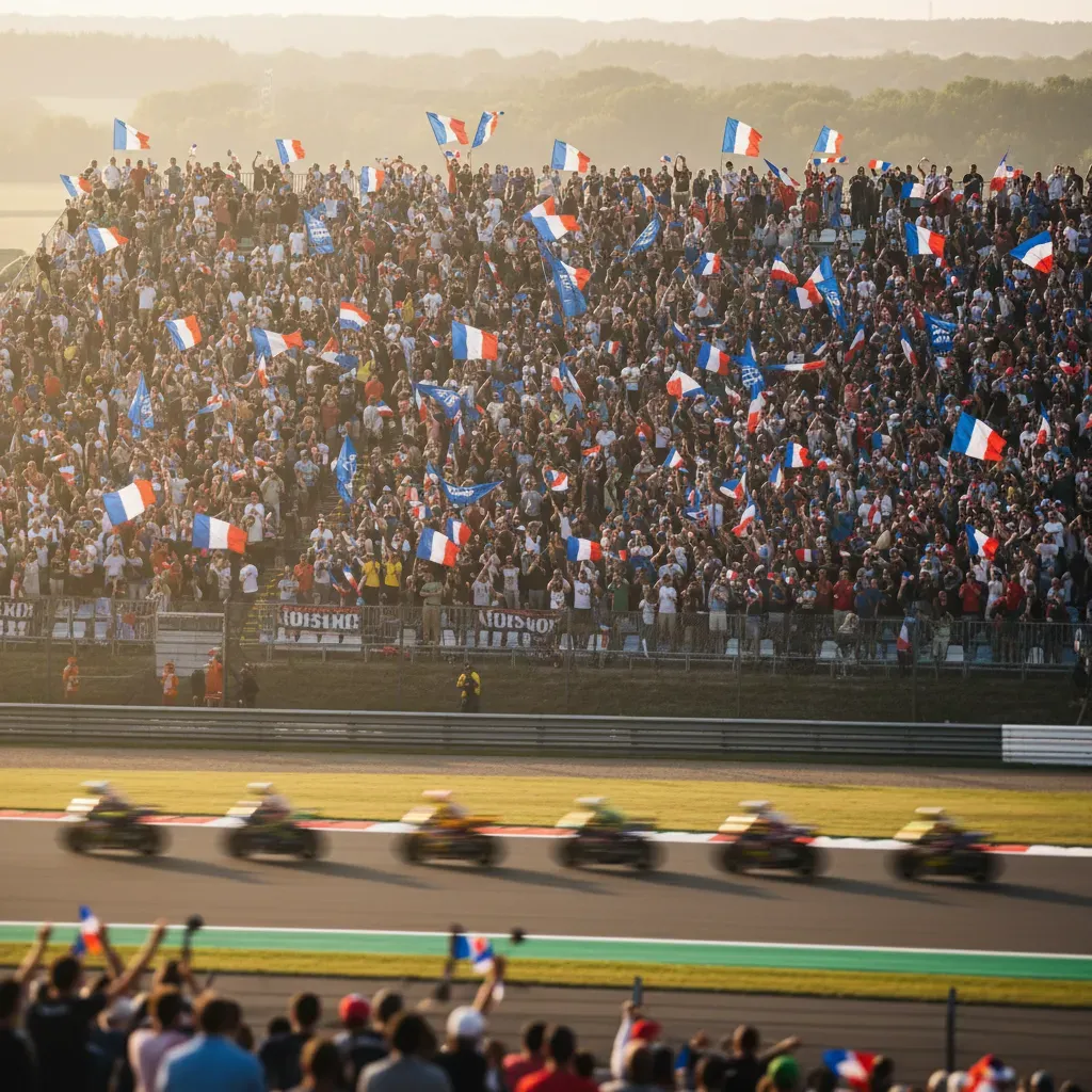 A wide, atmospheric shot capturing the immense scale of the crowd at the French GP. The camera is positioned high in the