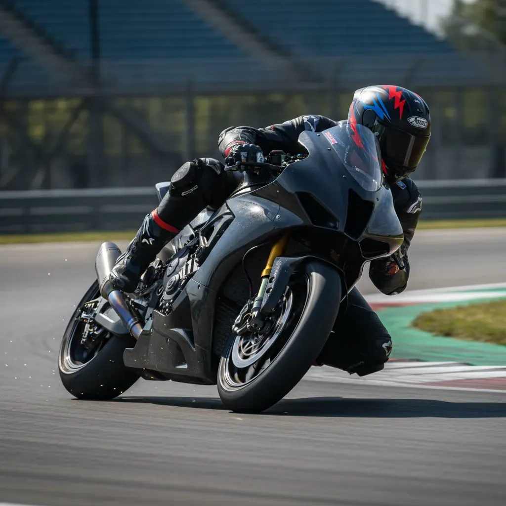 A tight, detailed action shot focusing on a single MotoGP bike leaned at an impossible angle through the long La Chapell