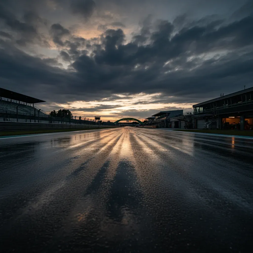 An evocative, moody shot of the Le Mans circuit at dusk. The camera looks down the main straight towards the Dunlop Brid