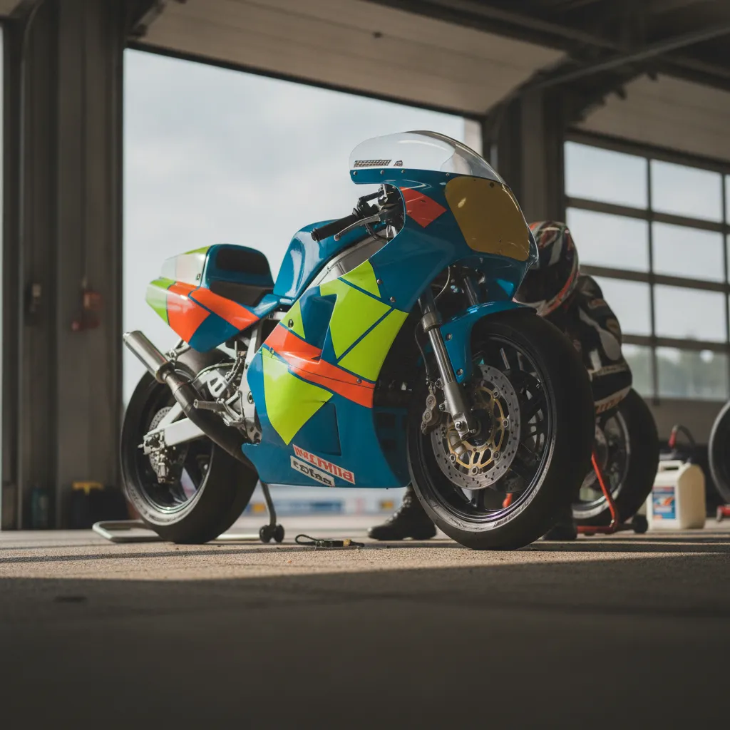A classic Grand Prix motorcycle from a previous era displayed in a pit garage.