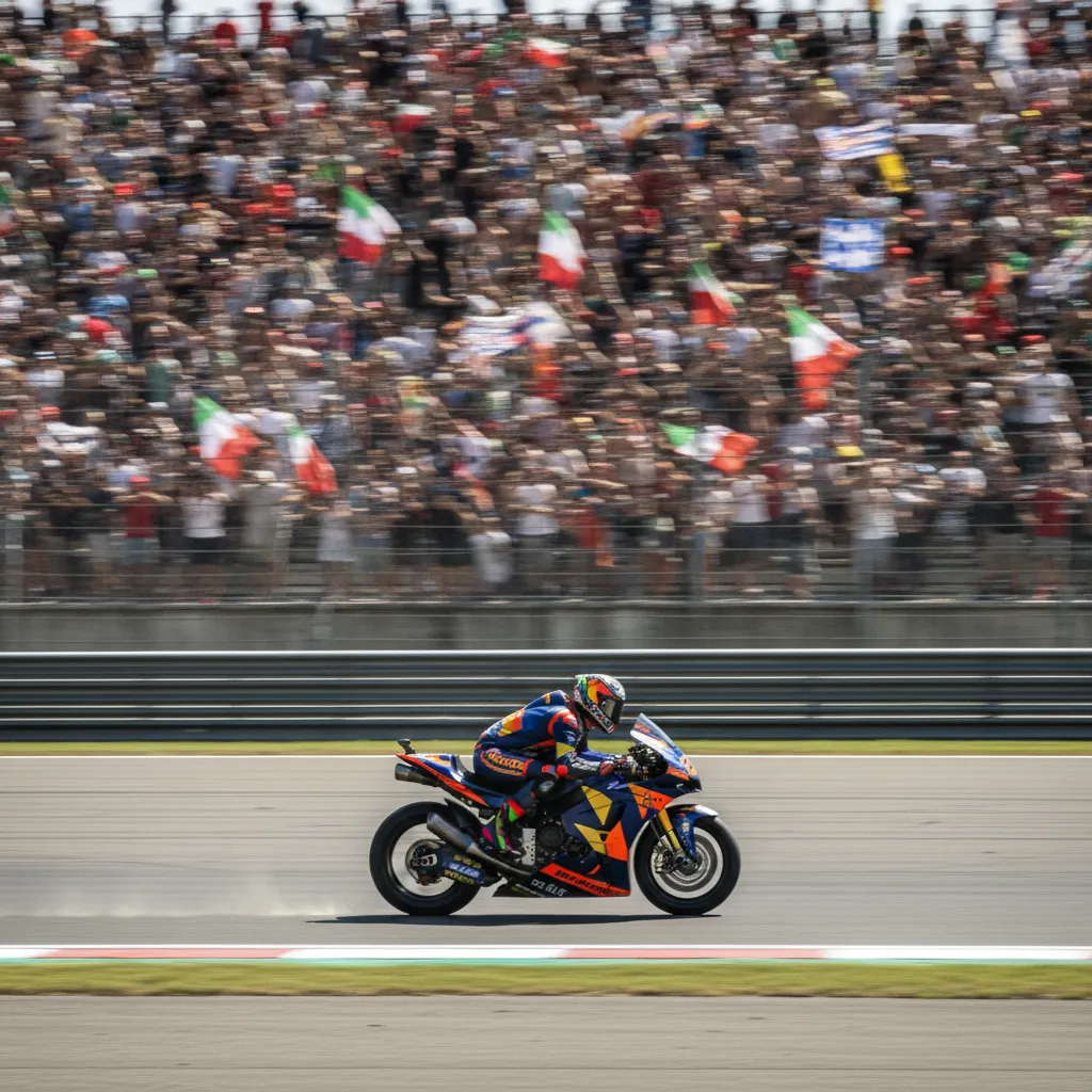 A large, enthusiastic crowd of fans fills the grandstands at the Misano circuit.