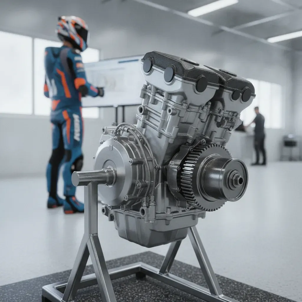 A close-up photograph of a new 850cc MotoGP engine on a stand in a clean workshop.