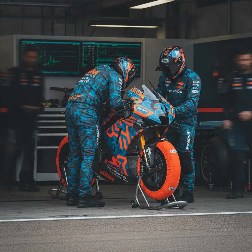 The bustling scene inside the Red Bull KTM Tech3 pit box, with mechanics working on a motorcycle.