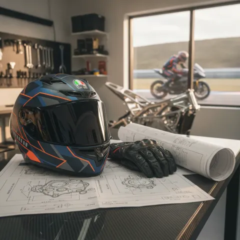 A racing helmet and gloves lie on a table next to technical drawings of a motorcycle engine, symbolising a rider's future move.