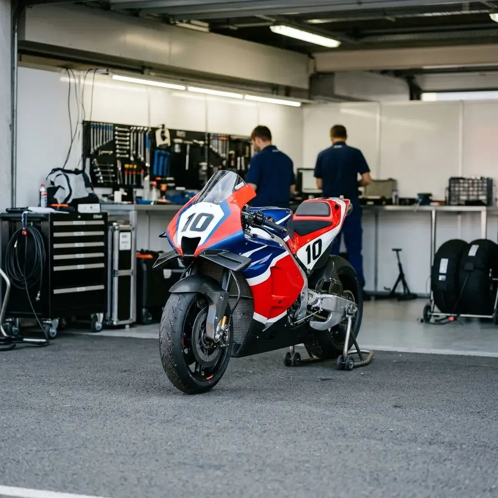 Illustration for our rider illness story: a factory motorcycle resting inside an empty garage stall