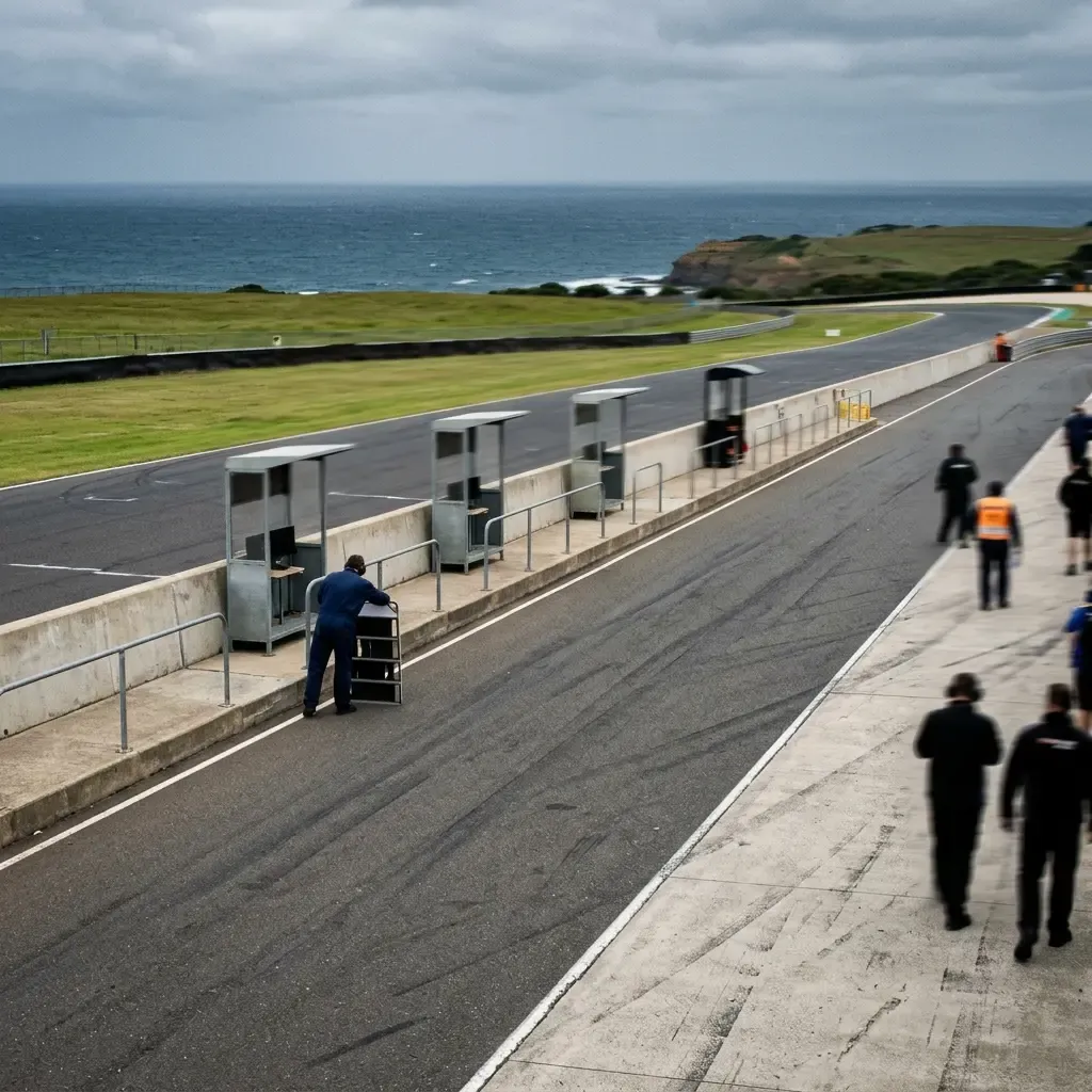 Illustration for our rider illness story: the pit lane beside the ocean at Phillip Island