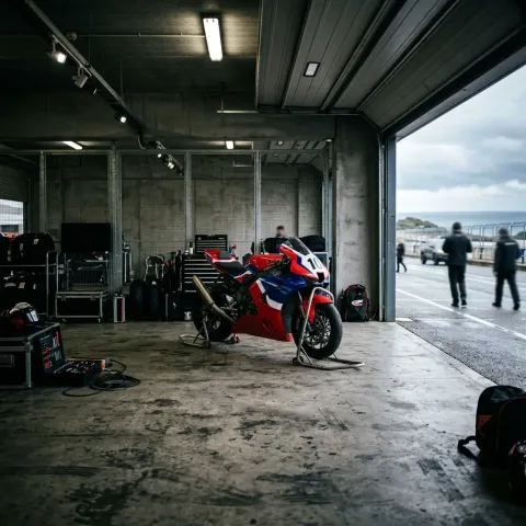 Illustration for our rider illness story: an empty pit garage with a lone racing bike on stands