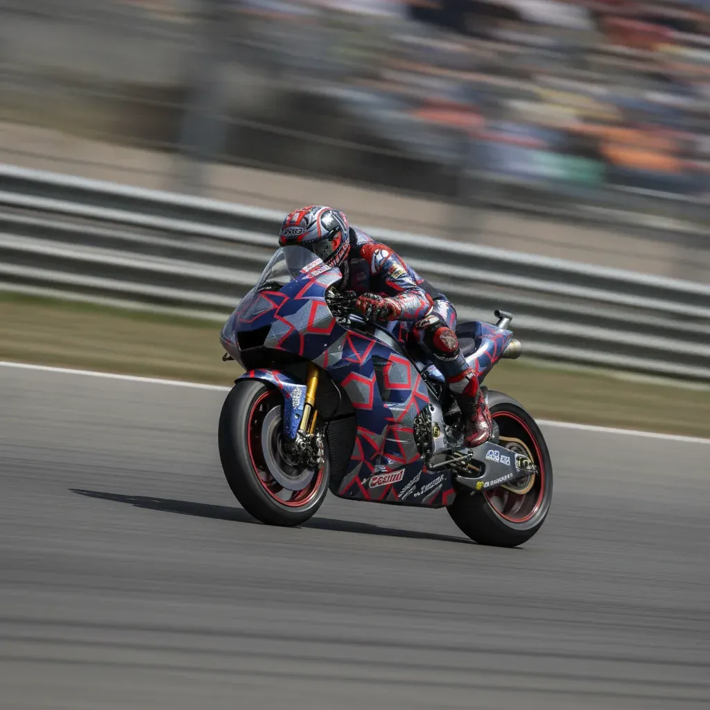 Luca Marini leans his Honda HRC Castrol race bike through a corner at speed during a Grand Prix.