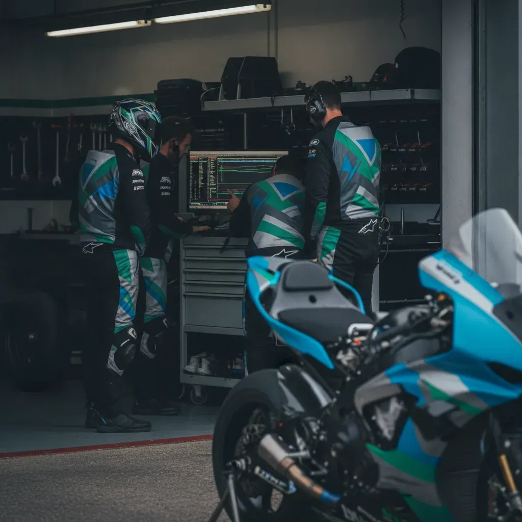 A team of Honda mechanics and engineers analysing data on a screen inside the MotoGP pit garage.