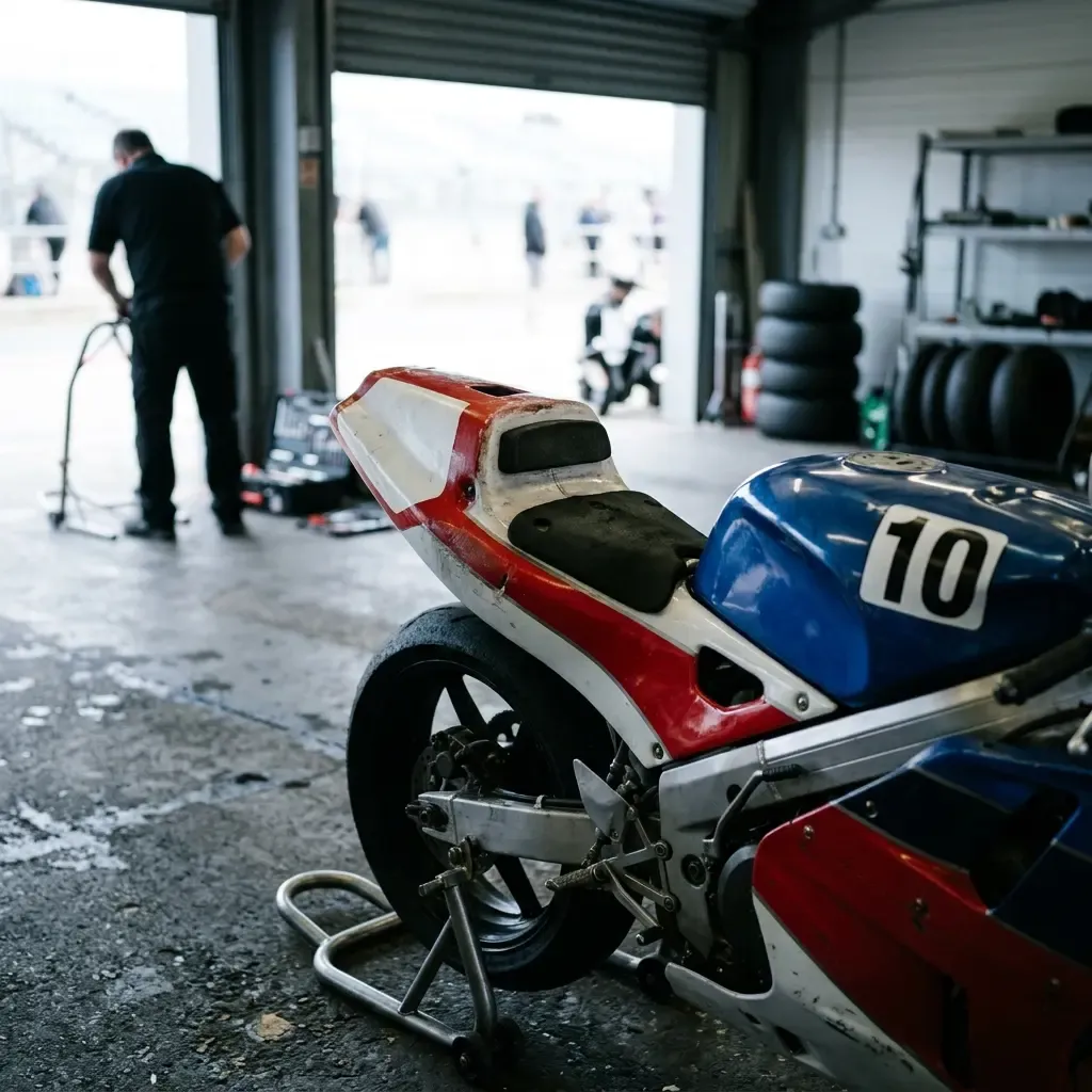 Illustration for our Australian GP practice story: a close-up of a racing bike parked inside a pit box