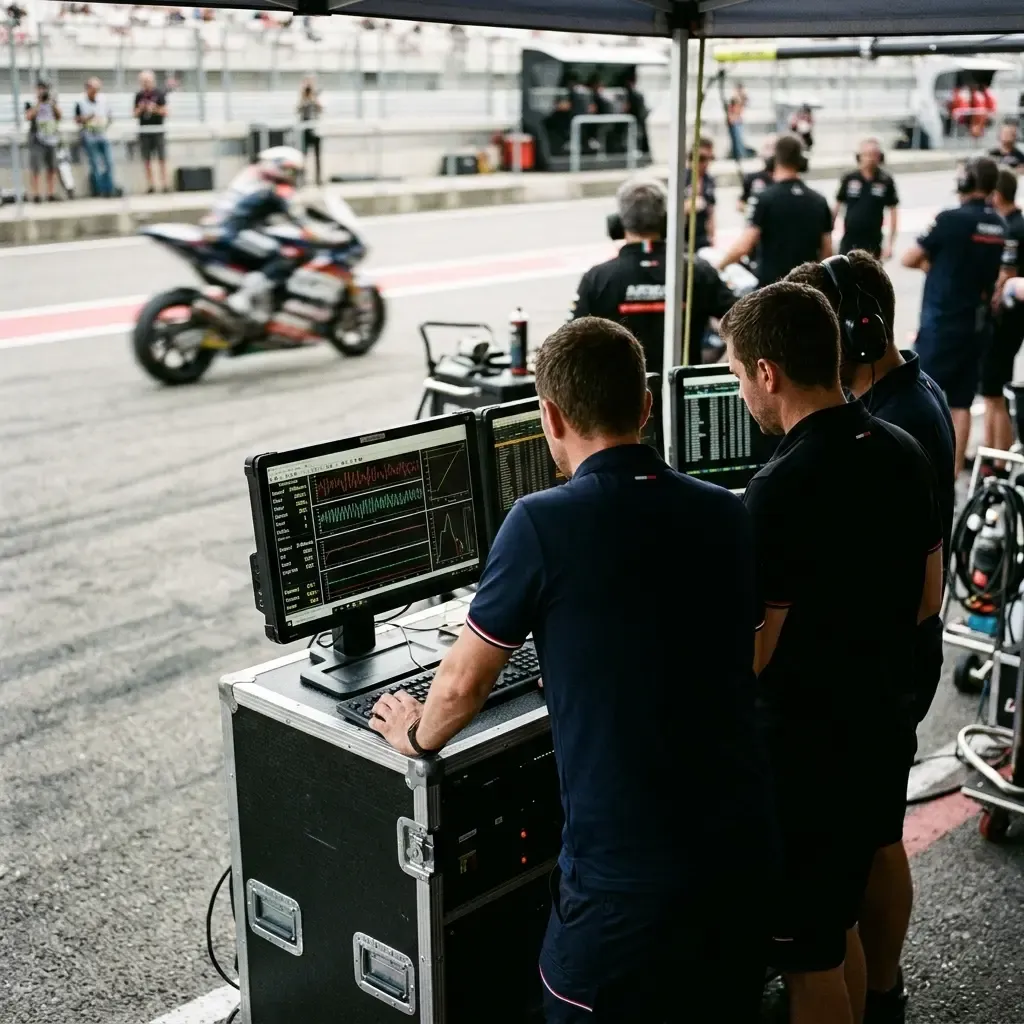 Illustration for our Australian GP practice story: race engineers conferring around computer monitors in the pit lane