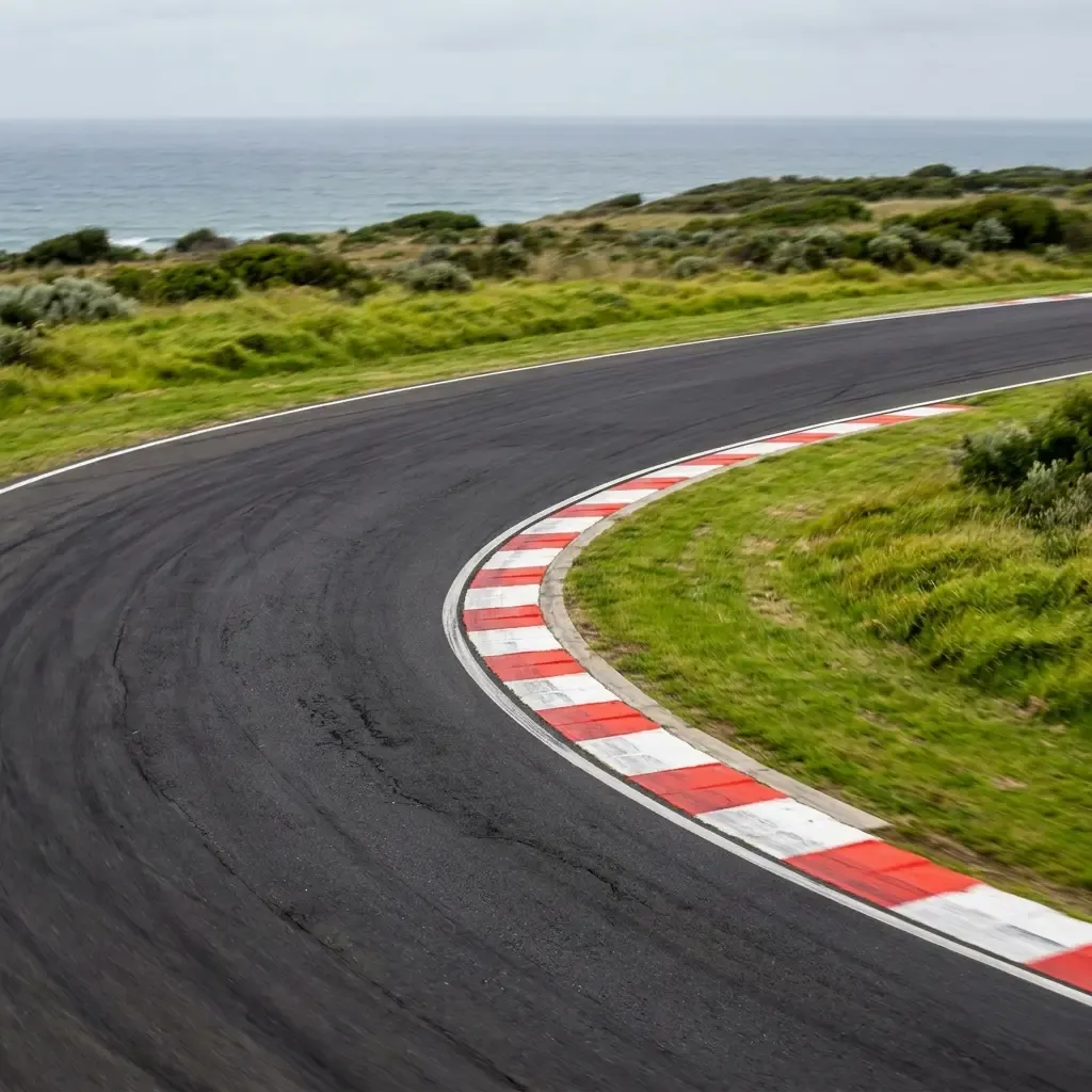 Illustration for our Australian GP practice story: track kerbs curving beside seaside grass on a coastal circuit
