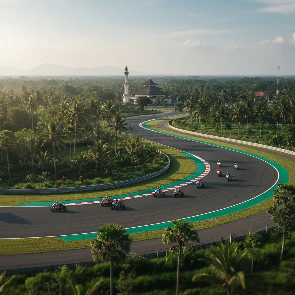 A wide shot from an elevated viewpoint at the Mandalika circuit, showing a pack of MotoGP bikes streaming through the fa