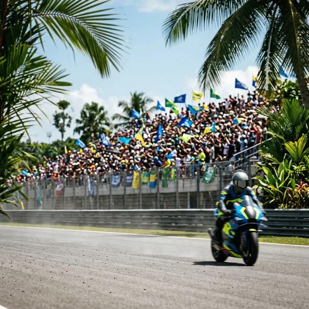 A wide shot from an elevated viewpoint at the Mandalika circuit, showing a pack of MotoGP bikes streaming through the fa
