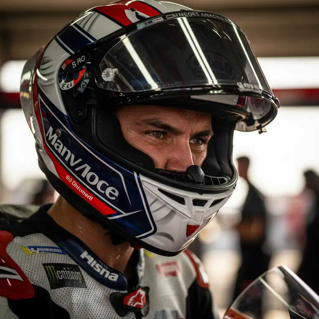 A tight, emotional portrait-style shot of a MotoGP rider's helmet and shoulders during a pit stop. Beads of sweat are vi