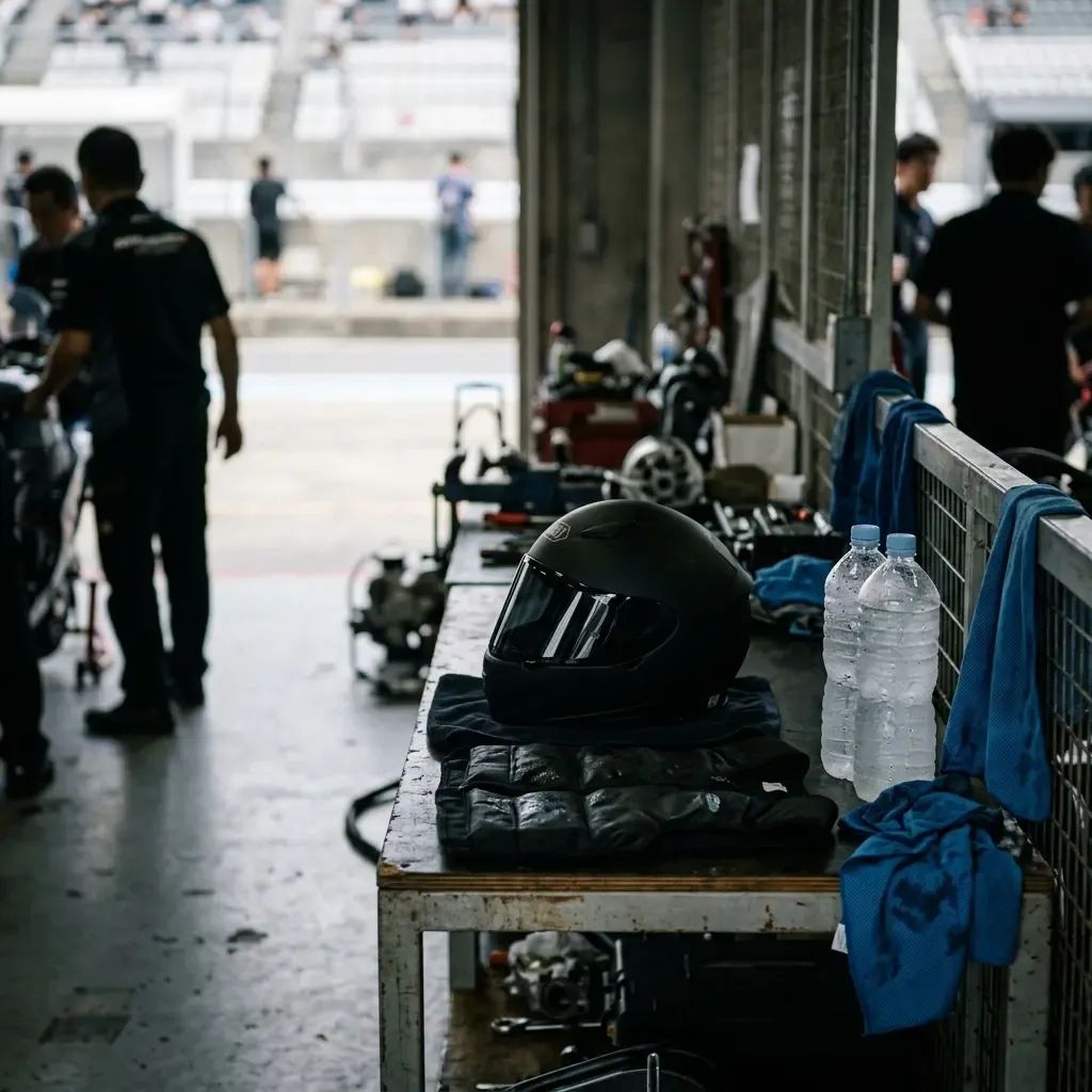 A tight, emotional portrait-style shot of a MotoGP rider's helmet and shoulders during a pit stop. Beads of sweat are vi