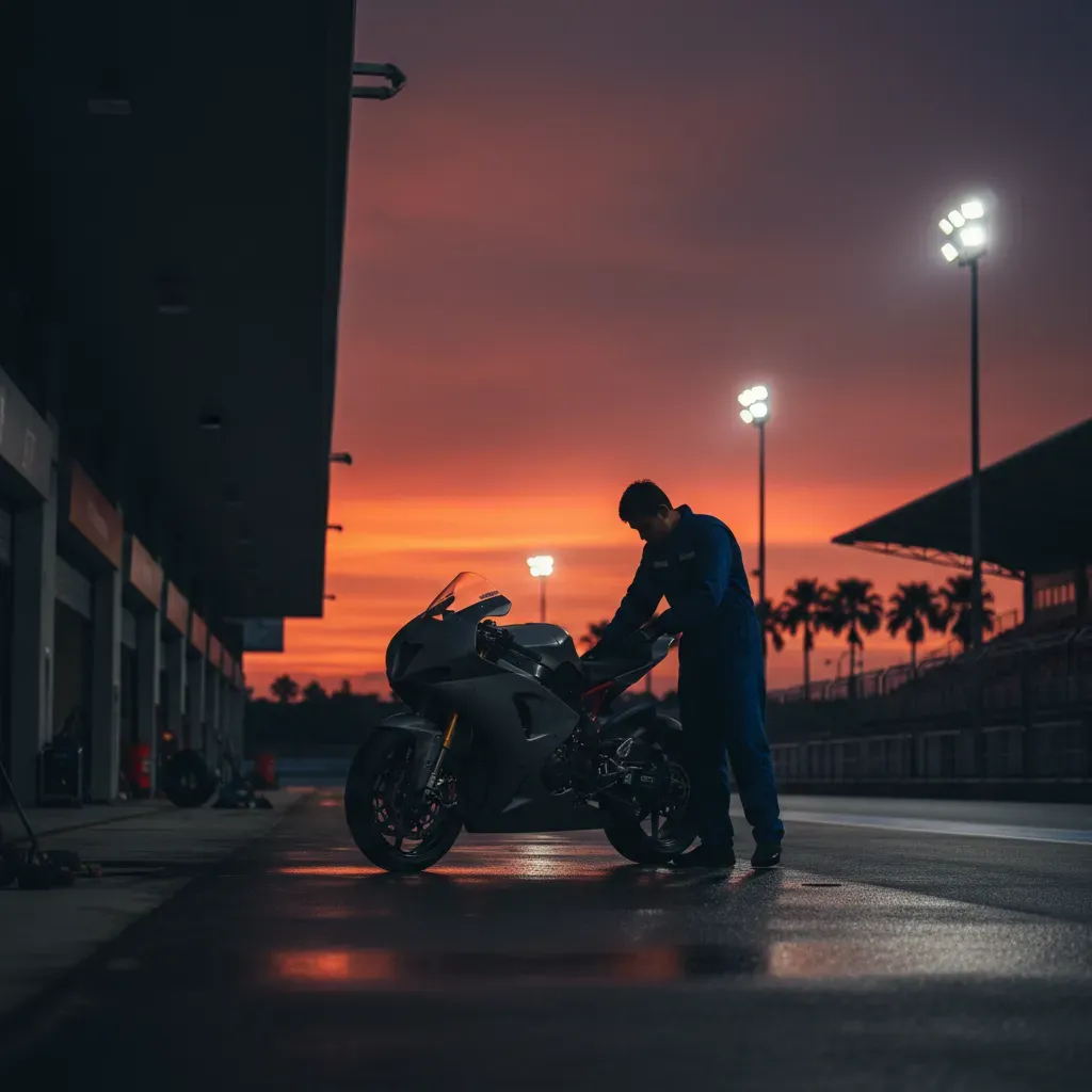 An atmospheric dusk shot of the Mandalika paddock after the race. The sky is painted in brilliant orange and purple hues