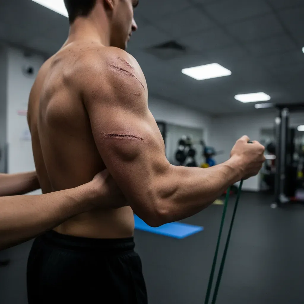 A close-up view shows the surgical scars on a rider's shoulder during a rehabilitation session.