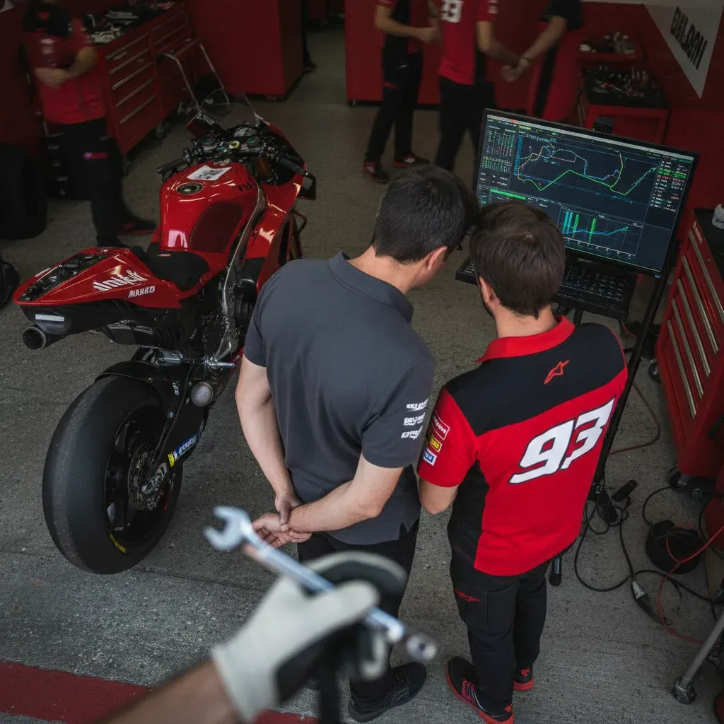 Team personnel in a pit garage analyse data on a screen, looking concerned.