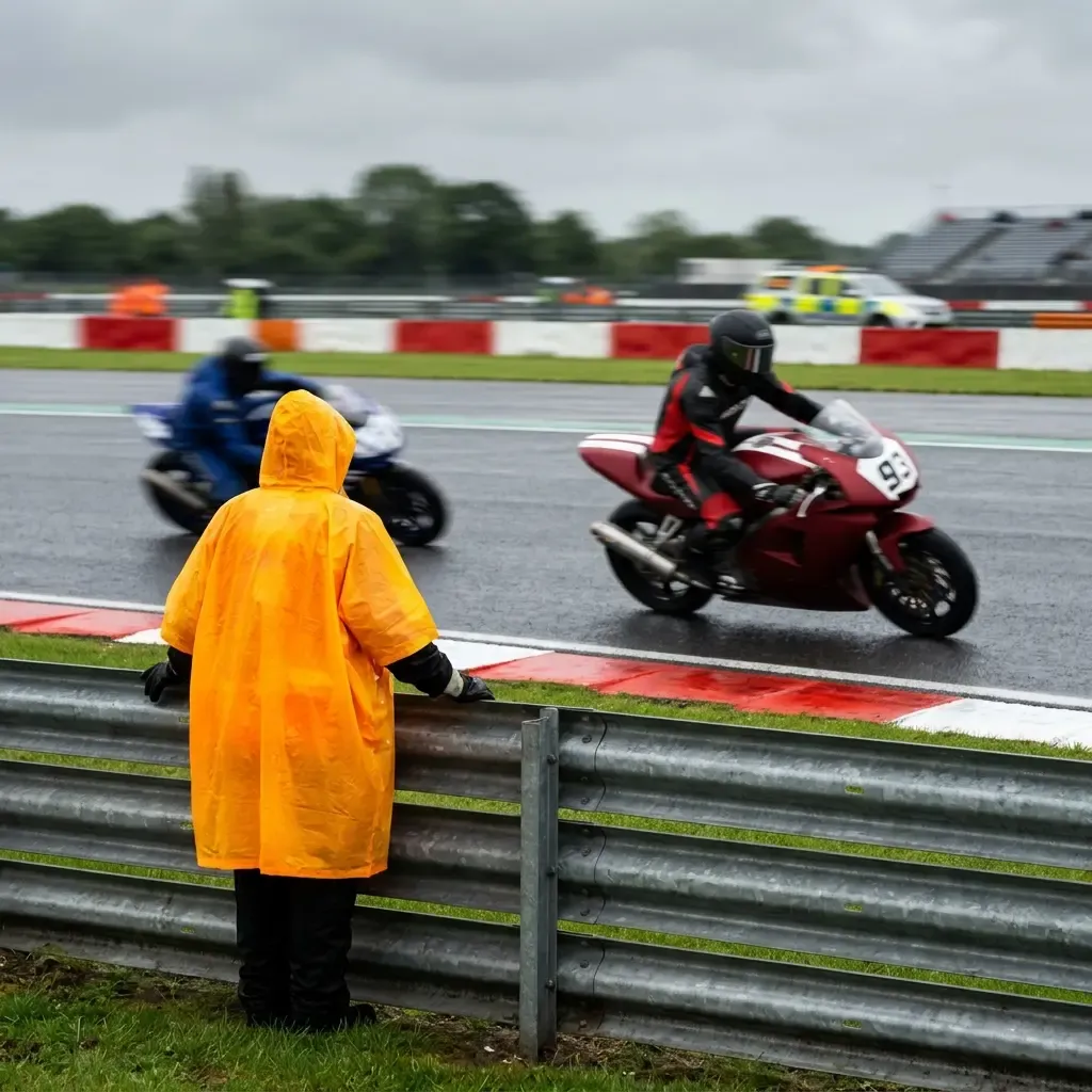 Illustration for our Australian GP qualifying story: a marshal watching the wet circuit from behind the barrier.