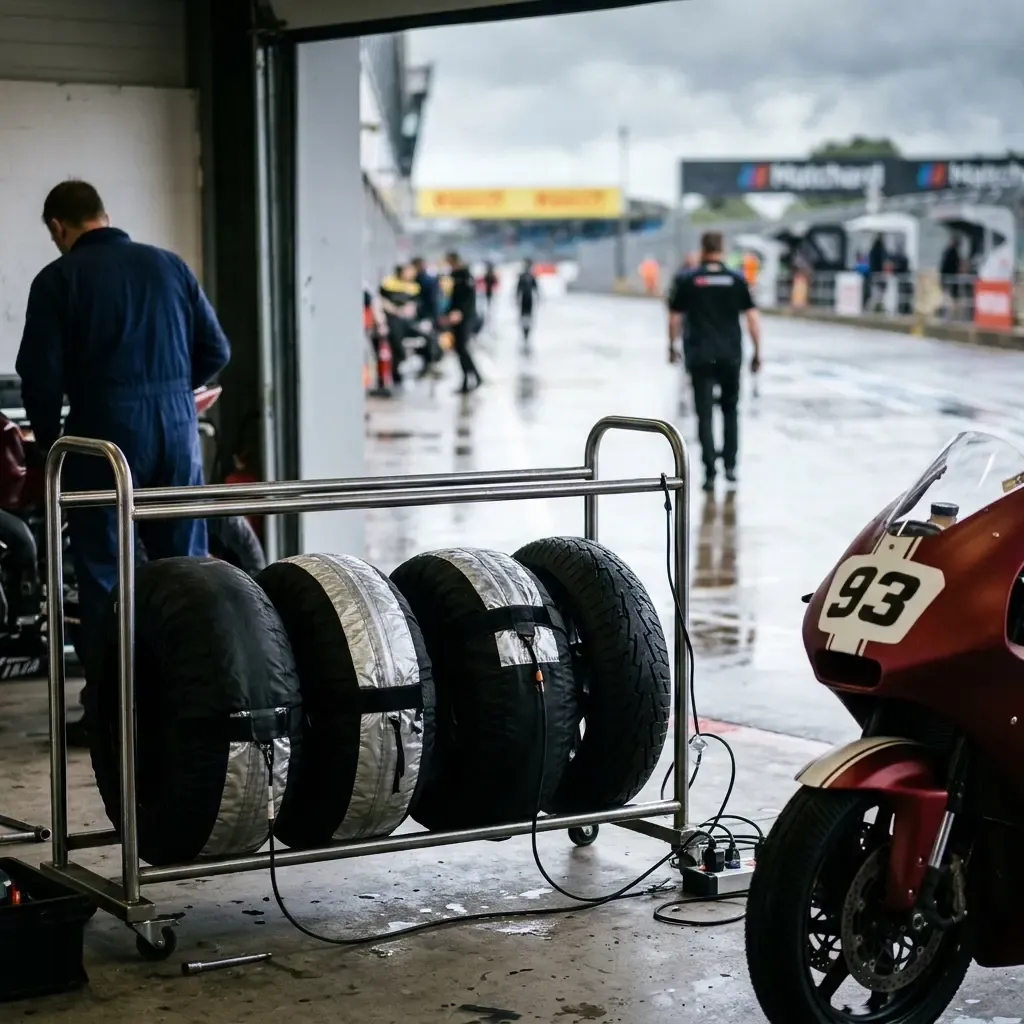 Illustration for our Australian GP qualifying story: wet weather tyres resting on a tyre stand.