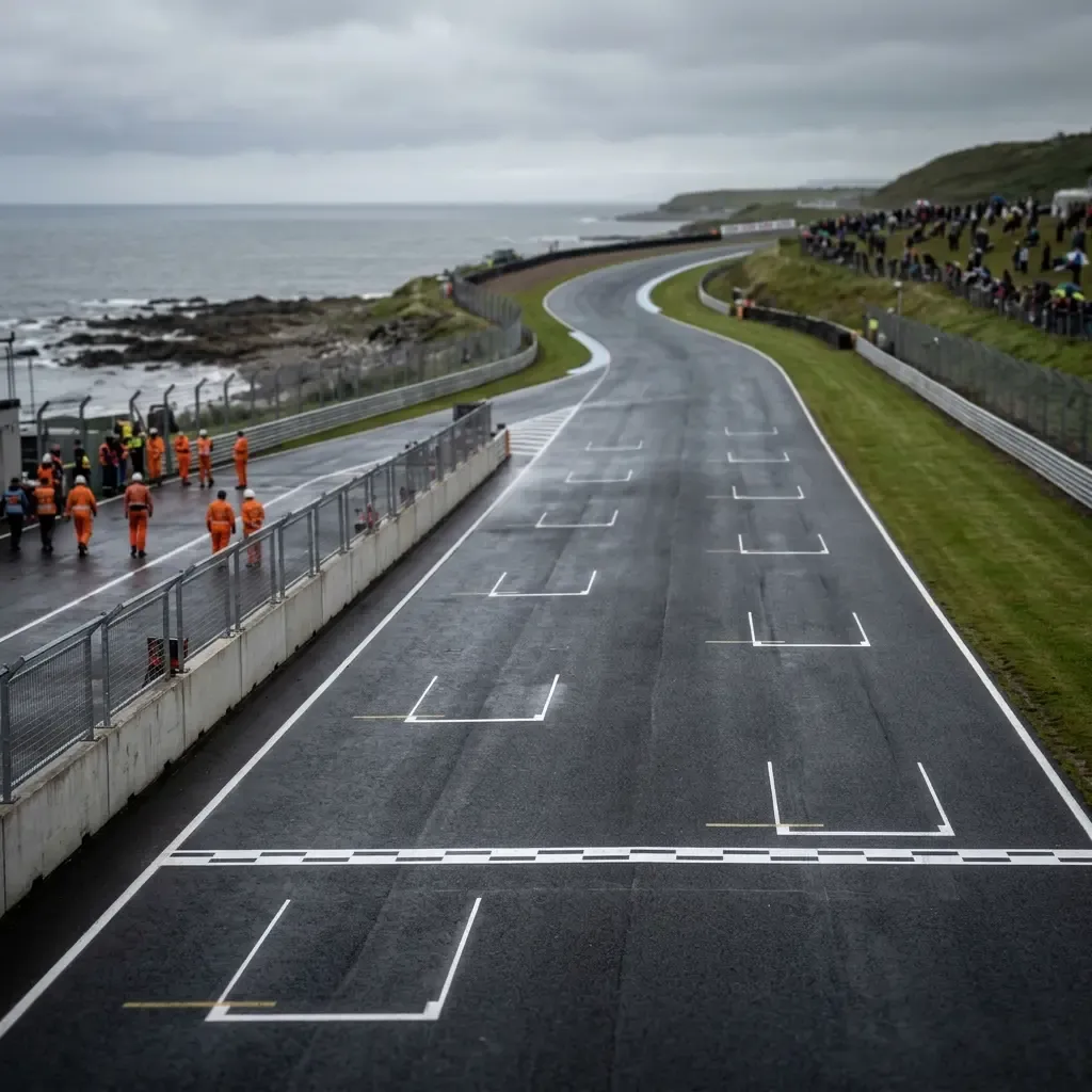 Illustration for our Australian GP qualifying story: empty painted grid boxes on a damp track surface.
