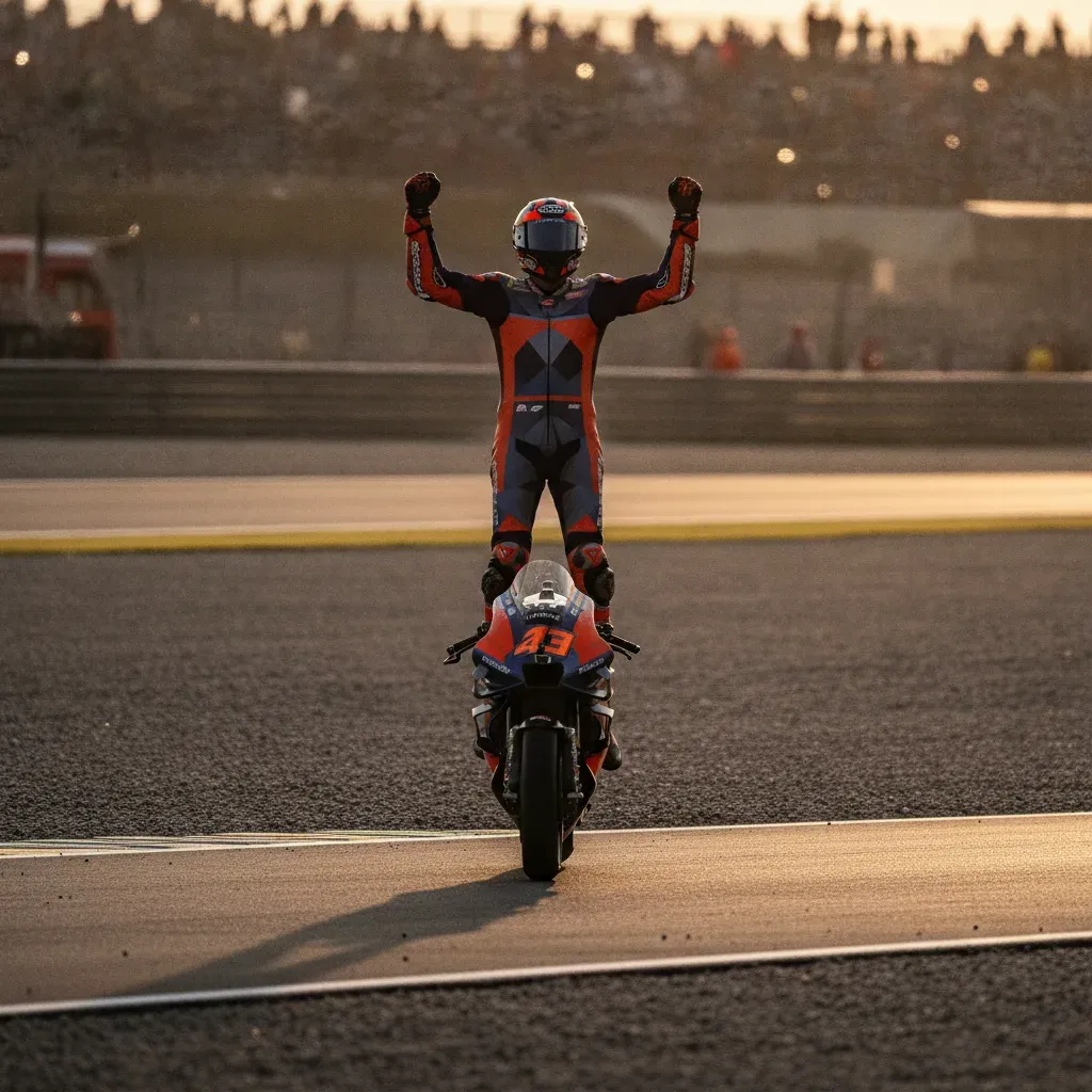 A victorious rider celebrates his win with the crowd after the race at MotorLand Aragón.