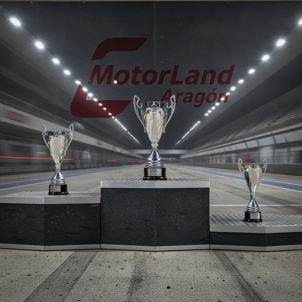 The first, second, and third place trophies for the Aragon Grand Prix on the podium.