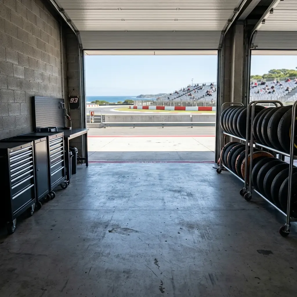 Illustration for our Australian Grand Prix Sprint story: an organised pit garage overlooking the pit lane.