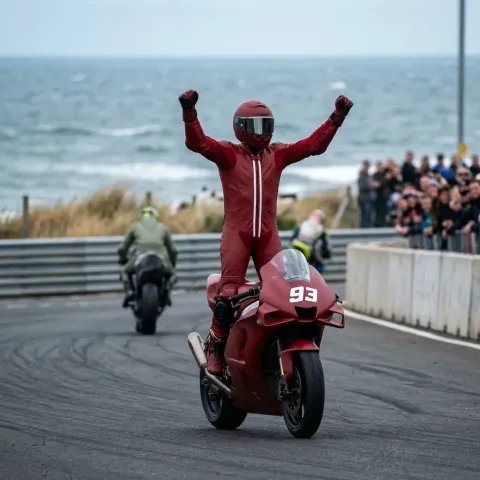 Illustration for our Australian Grand Prix Sprint story: a winning rider celebrates crossing the finish line.